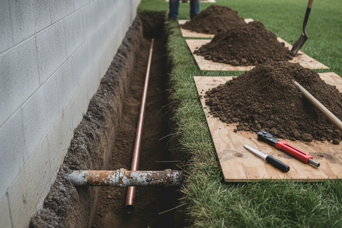 Excavated water line trench during Water Softener Installation in Hydes